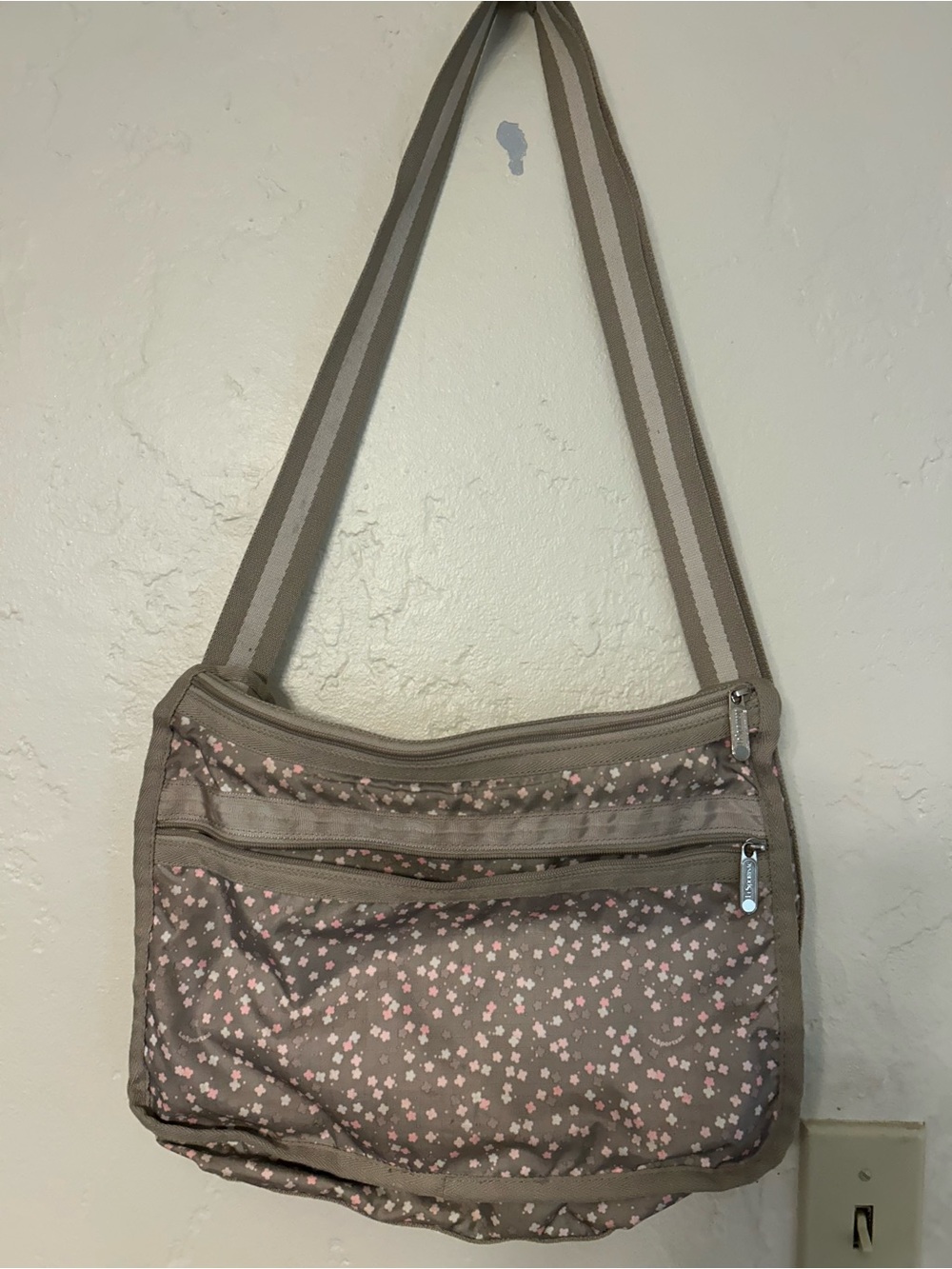 Lesportsac Taupe Crossbody Bag with Pink Floral Print